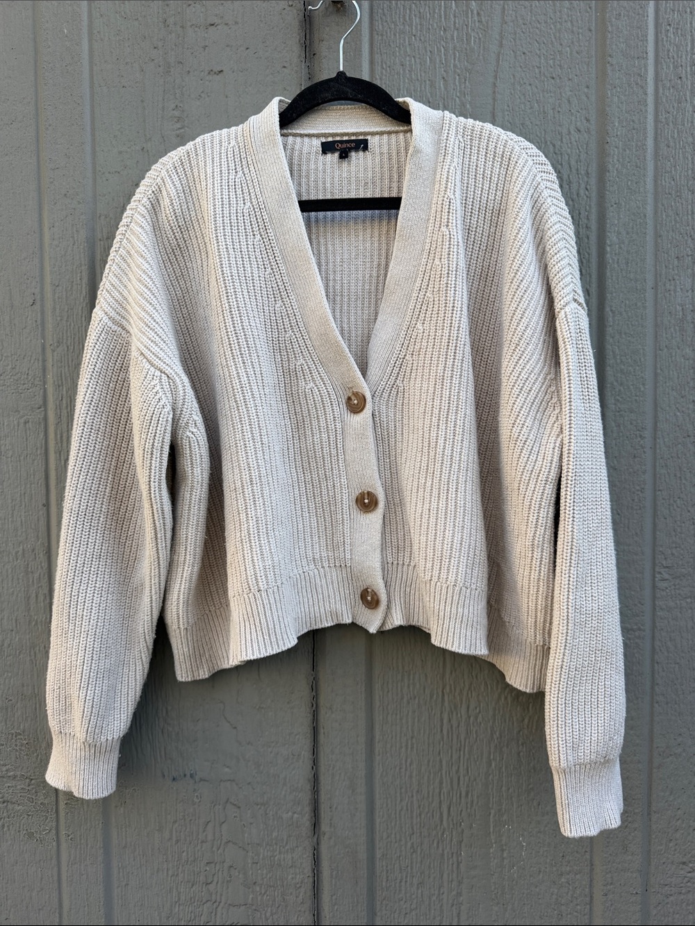 Quince 100% Organic Cotton Fisherman Boxy Cropped V-Neck Button Cardigan Size: L - Picture 2 of 8